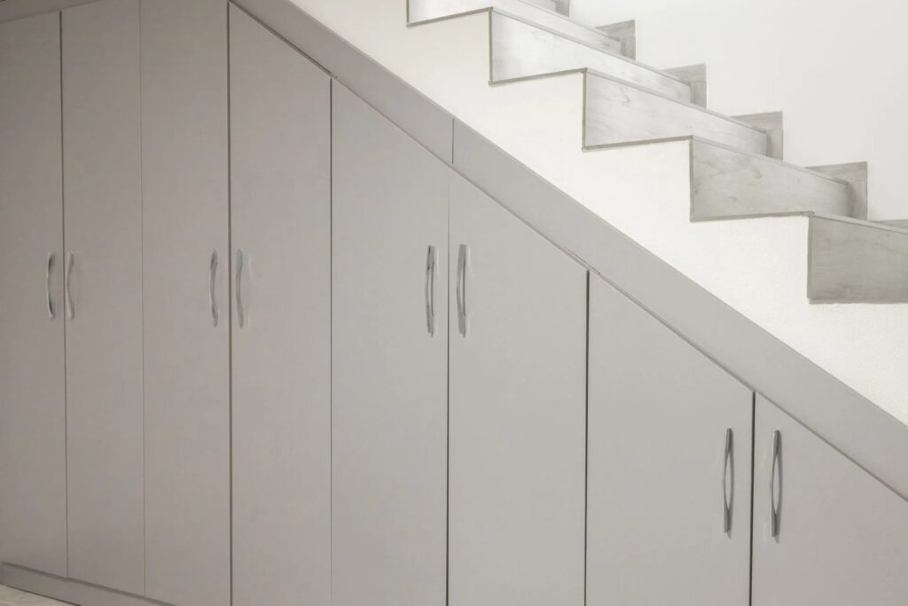 Einbauschrank nach Mass unter Treppe mit modernen Türen und Griffen in der Schweiz